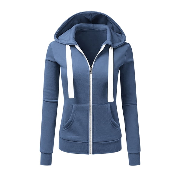 asdoklhq Women Workout Tops Women's Solid Color Long Sleeve Casual Zipper Tops Blouse with Pocket Sweatshirt Jackets Dark Blue L