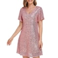 thumbnail image 5 of Daiosportswear Women'S V Neck Sequin Sparkly Short Sleeve Tunic Tshirt Dress Loose Glitter Cocktail Party Mini Dress,Women'S Short-Sleeved Dress Pink 10(XL), 5 of 8
