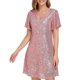 thumbnail image 4 of Puntoco Vestido Corto De Fiesta Con Cremallera En La Espalda, Sexy, Brillante, totalmente forrado, Con Cuello En V, Línea A, Falda Corta De Calidad Elegante, Vestido De Manga Corta, Rosa Xl, 4 of 7