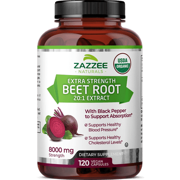 Zazzee Naturals USDA Organic Beet Root, 8000 mg Strength, 20:1 Extract, 120 Vegan Capsules, Organic Black Pepper Extract for Absorption, Supports Blood Pressure & Nitric Oxide Production