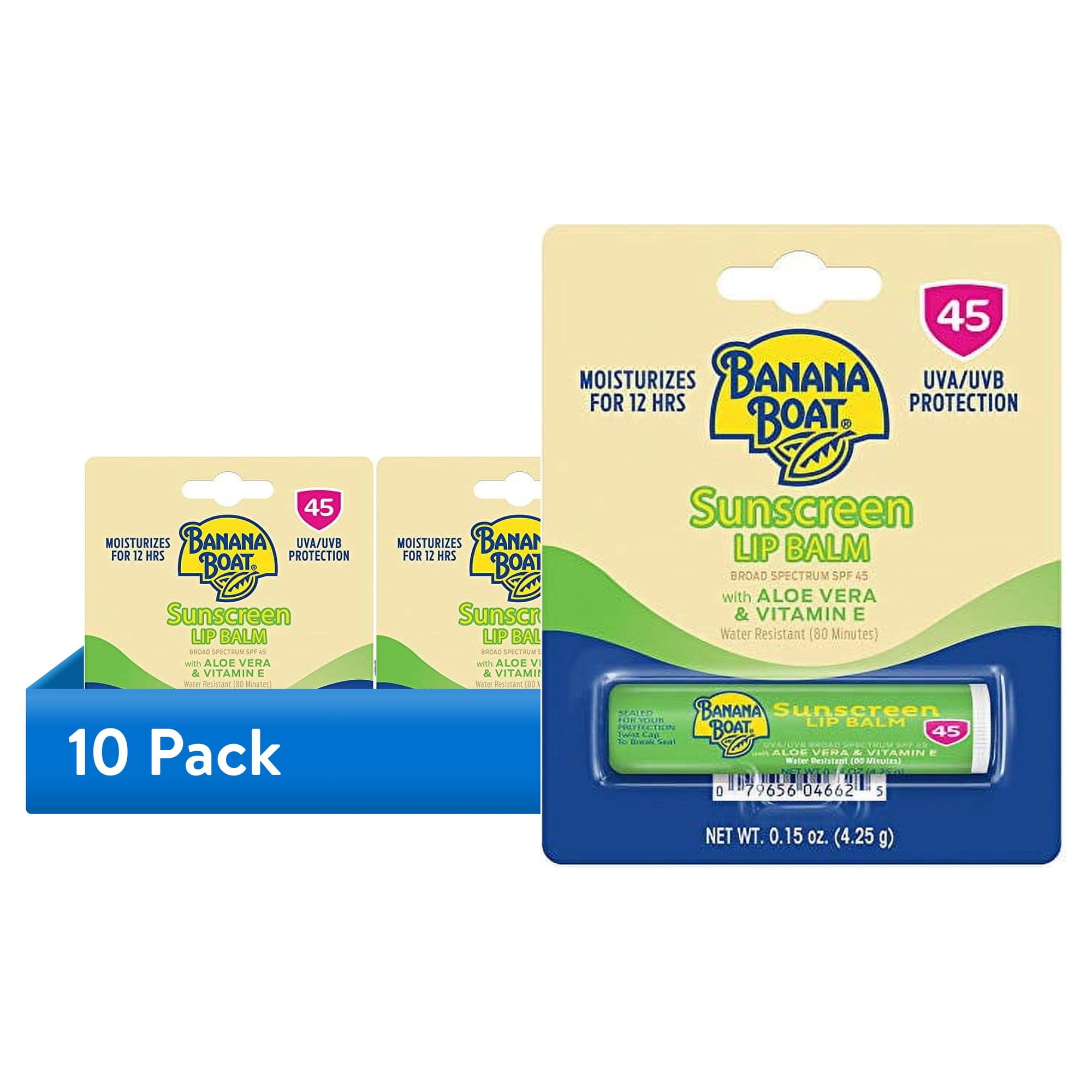 (10 pack) Banana Boat Lip Balm SPF 45, Travel Sunscreen Lip Balm, with Aloe Vera & Vitamin E, 1 Ct, 0.15 oz