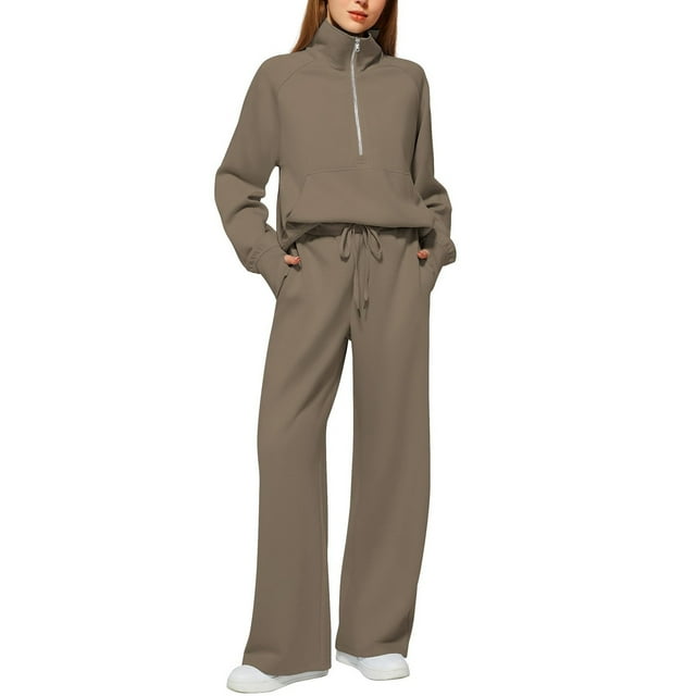 Ensemble Assorti d'Automne pour Femmes - Chandail à Demi-Glissière et Pantalon de Survêtement à Jambe Grand - Tenue Décontractée Surdimensionnée S-TTG