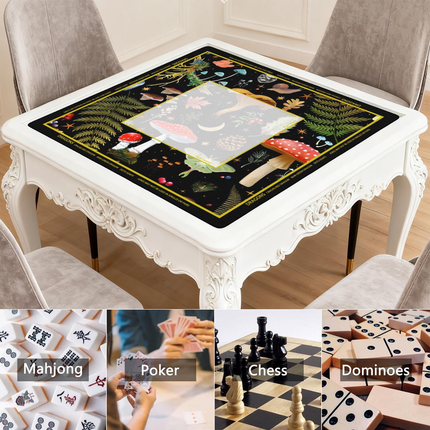 Mashroom Mahjong Mat with Rules, 31.5*31.5in Anti Slip American Mahjong Mat for Table, Noise Reduction, Neoprene Mah jongg Mats with Carrying Bag & 3 Dices, Mahjong Sets Gift, Board Tile Games Mats