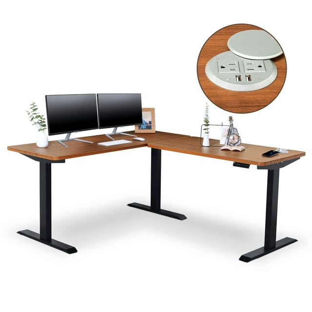 BRODAN Electric Standing L-Shaped Desk with Power Charging Station, Walnut