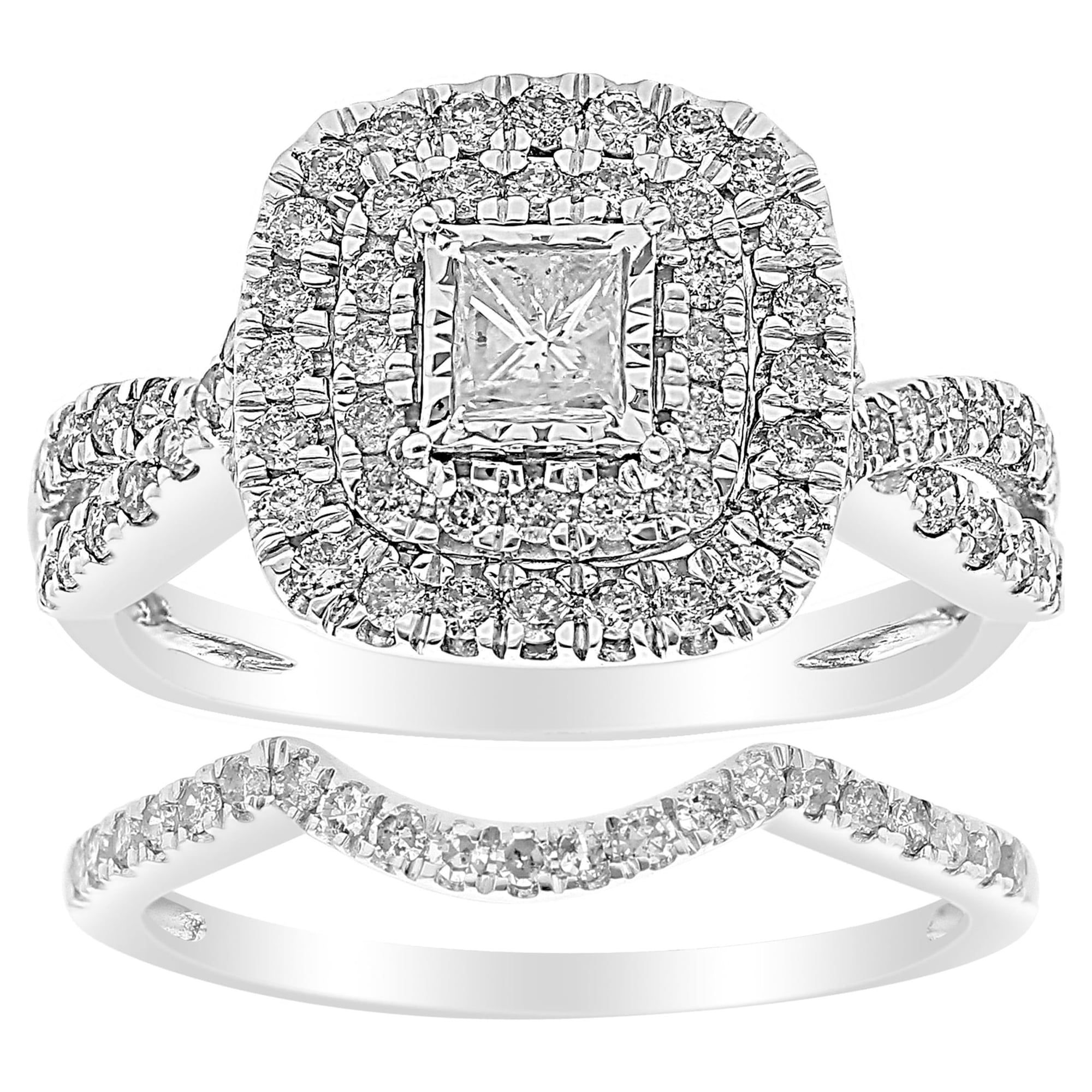 Forever Bride 10K White Gold 1 CTTW Diamond Cushion Halo Twist Bridal Set Women, Adults