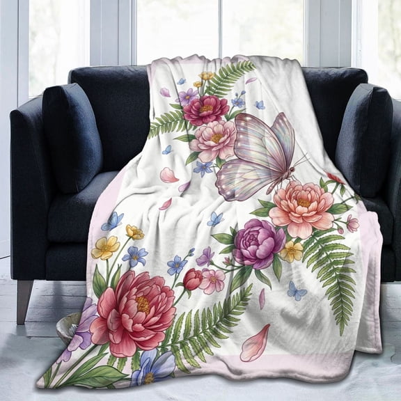 Floral Butterfly Throw Blanket, Ultra Soft Flannel Fleece, Watercolor Wildflower & Leaves Design, Warm Cozy Fuzzy Blanket for Bed, Sofa, Couch, Cabin, Ideal Gift 50x40