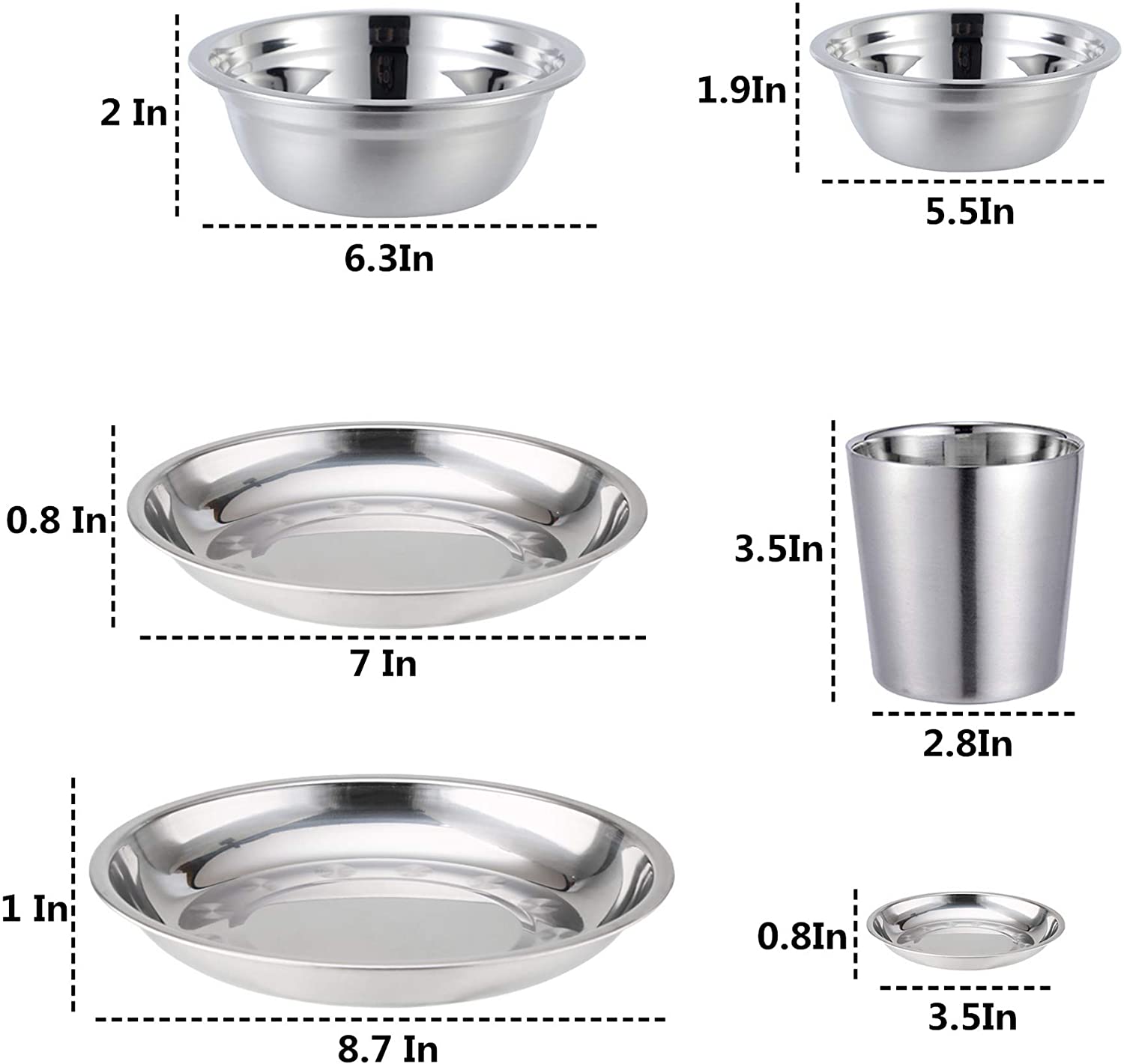 、Cups　、Bowls　Plates　to　8.6inch.　Stainless　Use　Set　Steel　(24-Piece　Dish.　Set)　Outdoor　and　3.5inch　Camping　Spice　Incl.