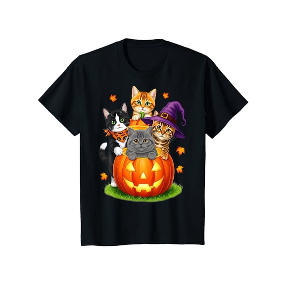 Halloween Girls T-Shirt Cats In Pumpkin Halloween Design 100% Cotton Short Sleeve Tees Gift For Kids