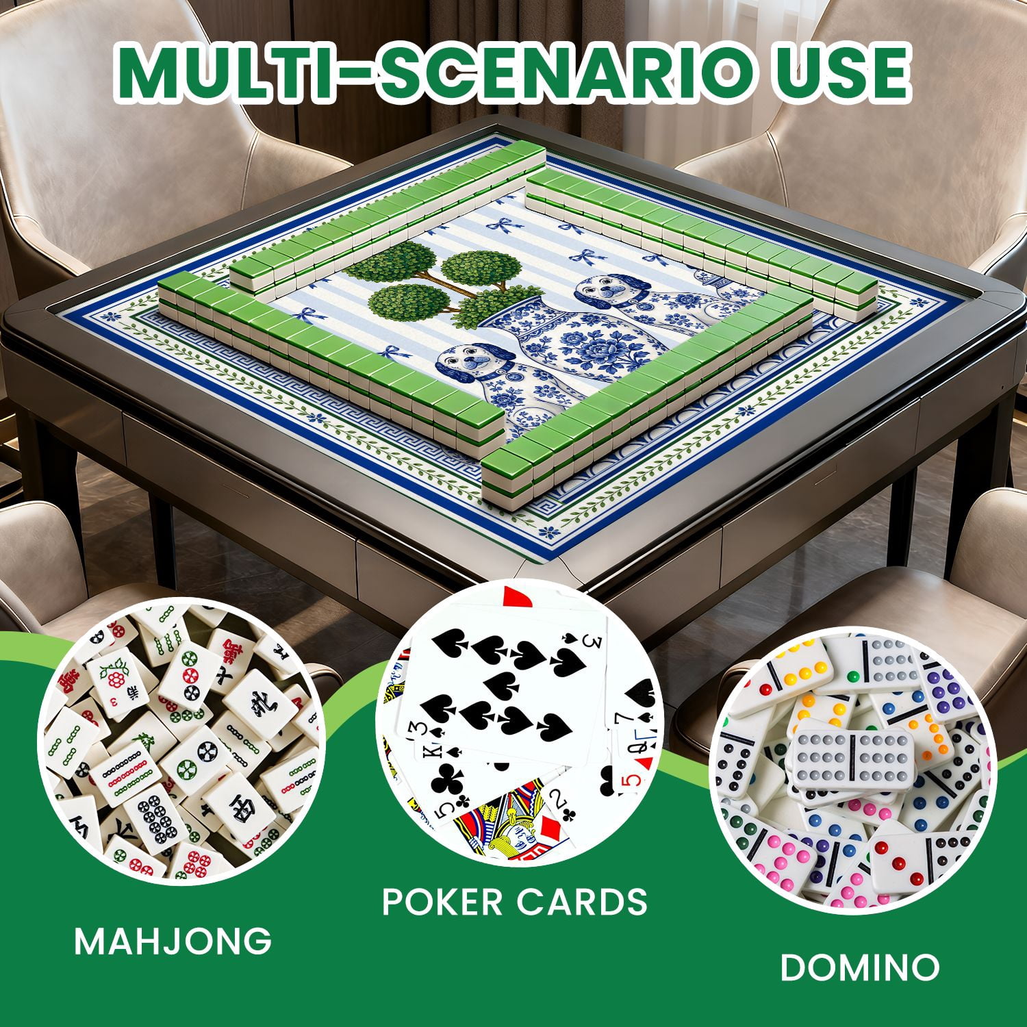 Mahjong Mat 31.5" x 31.5" Chinoiserie Chic Topiary Blue White Dogs Green Urns Non-Slip Noise Reduction Mahjong Tiles Table Cover for Dominoes Poker Card Board and Tile Games