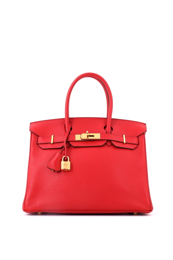 Pre-Owned Birkin Handbag Rouge Casaque Clemence with Gold Hardware 30 By Rebag