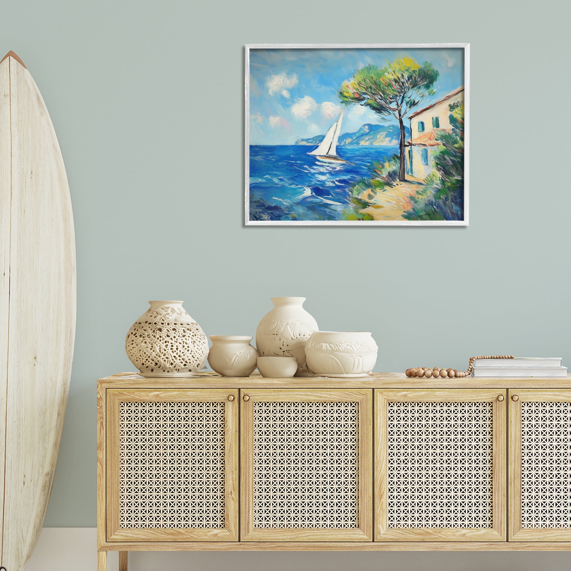 Stupell Industries Sailboat & Beach Villa Coastal Painting White Framed Art Print Wall Art, 30 x 24
