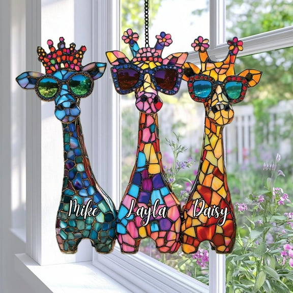 Custom Giraffe Acrylic Suncatcher, Faux Stained Acrylic Window Hanging with Name, SunAcrylices & Crown, Bright Animal Decor Gift for Kids Family