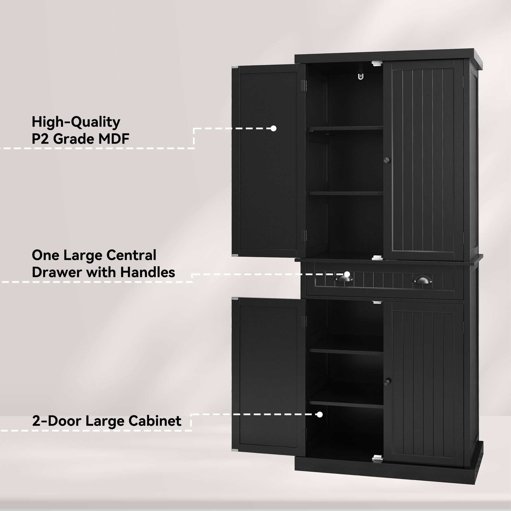 HLR Freestanding Durable Kitchen Pantry Storage Cabinet with Adjustable Shelves, Black