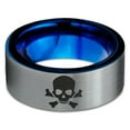 thumbnail image 2 of Tungsten Skull and Crossbones Bones Band Ring 8mm Men Women Comfort Fit Blue Flat Cut Brushed Gray Polished, 2 of 4