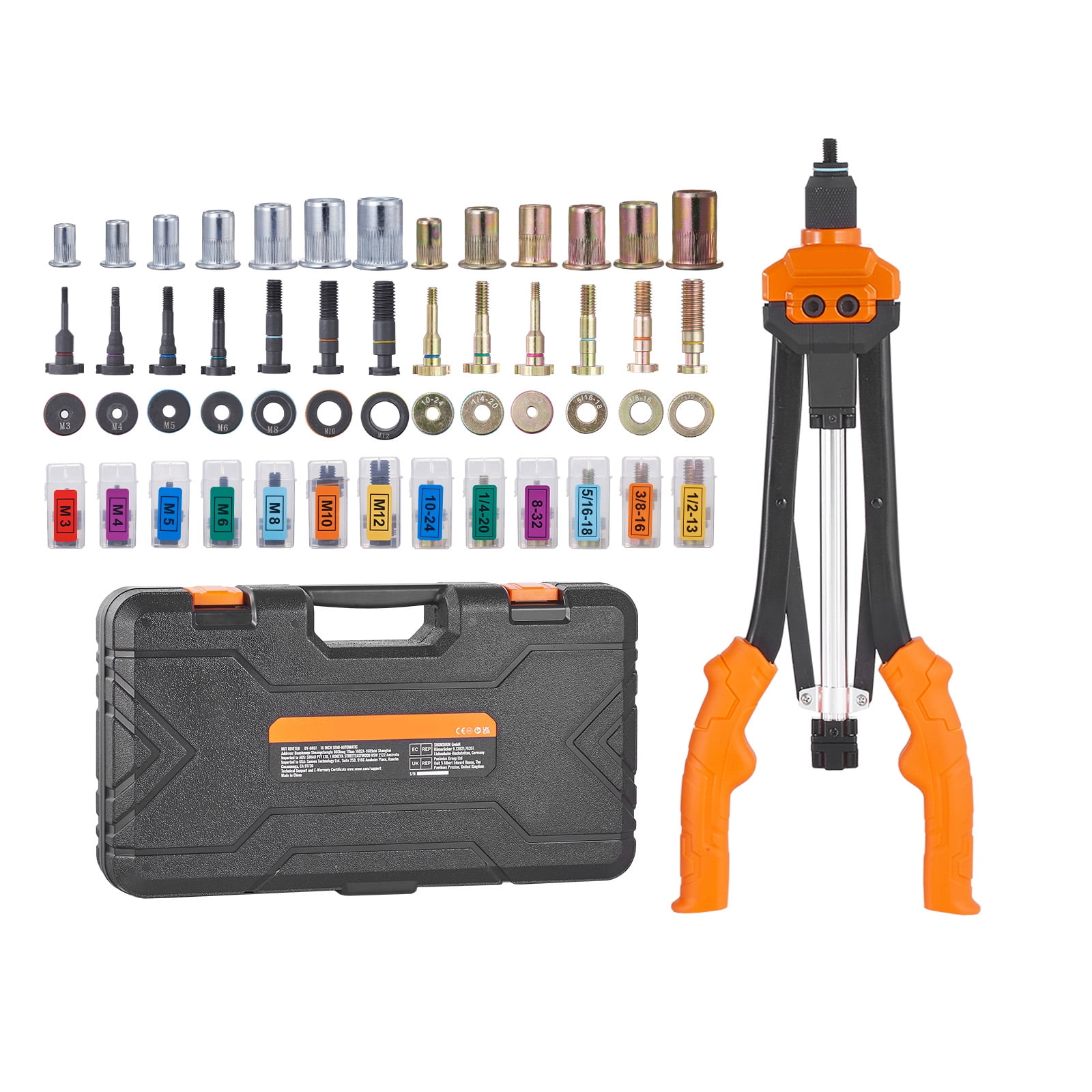 SKYSHALO Rivet Nut Tool, 16” Rivnut Tool Kit with 13PCS Metric and SAE Mandrels, 186PCS Rivet Nuts, M3, M4, M5, M6, M8, M10, M12, 1/4-20, 5/16-18, 3/8-16, 1/2-13, 8-32, 10-24, Semi-auto Retraction