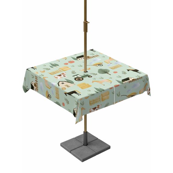 Outdoor Tablecloth with Umbrella Hole for Patio/Picnic/Party/Camping, Cartoon Farmhouse Waterproof Table Cloth Square Cover Washable, Cute Watercolor Cabin Animals Trees Green (60"x 60")