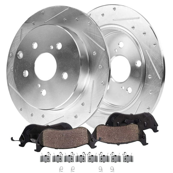 Detroit Axle - Rear Brake Kit for Toyota 2012-2018 Prius V 2016-2020 Mirai 11.42" inch Drilled and Slotted Disc Brake Rotors Ceramic Brakes Pads with Hardware Replacement