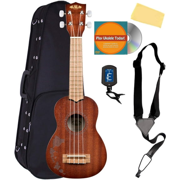 Kala KA-15S-H1 Satin Mahogany Soprano Ukulele - Hawaiian Islands Bundle with Hard Case, Tuner, Strap, Austin Bazaar Instructional DVD, and Polishing Cloth