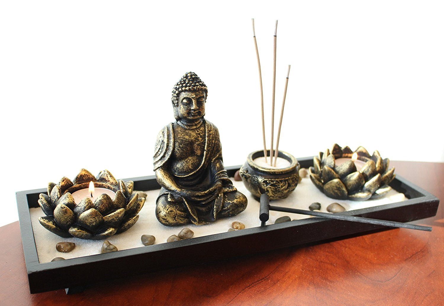 Feng Shui Tabletop Zen Garden Buddha Rock Sand Lotus Candle Incense Burner