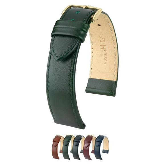 Hirsch Osiris Leather Watch Strap - Polished Dark Green - L - 20mm - Shiny Gold Buckle - Calf Leather Band