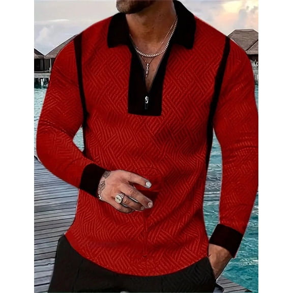 Mens Casual Quarter Zip Polo Shirt Quick Dry Business Office Work Slim Long Sleeve Stretch Lightweight Shirt Tops Red XXL