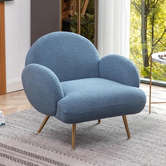 Blue Accent Sherpa Chair Modern Living Room Chair Teddy Fabric Mid Century Bedroom Chair with Golden Legs Arm Chair for Reading Bedroom Single