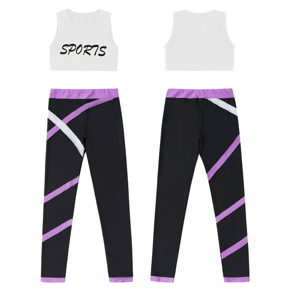 iiniim Kids Girls 2Pcs Dance Performance Sports Outfits Sleeveless Letters Printed Crop Top with Colorblock Leggings Set