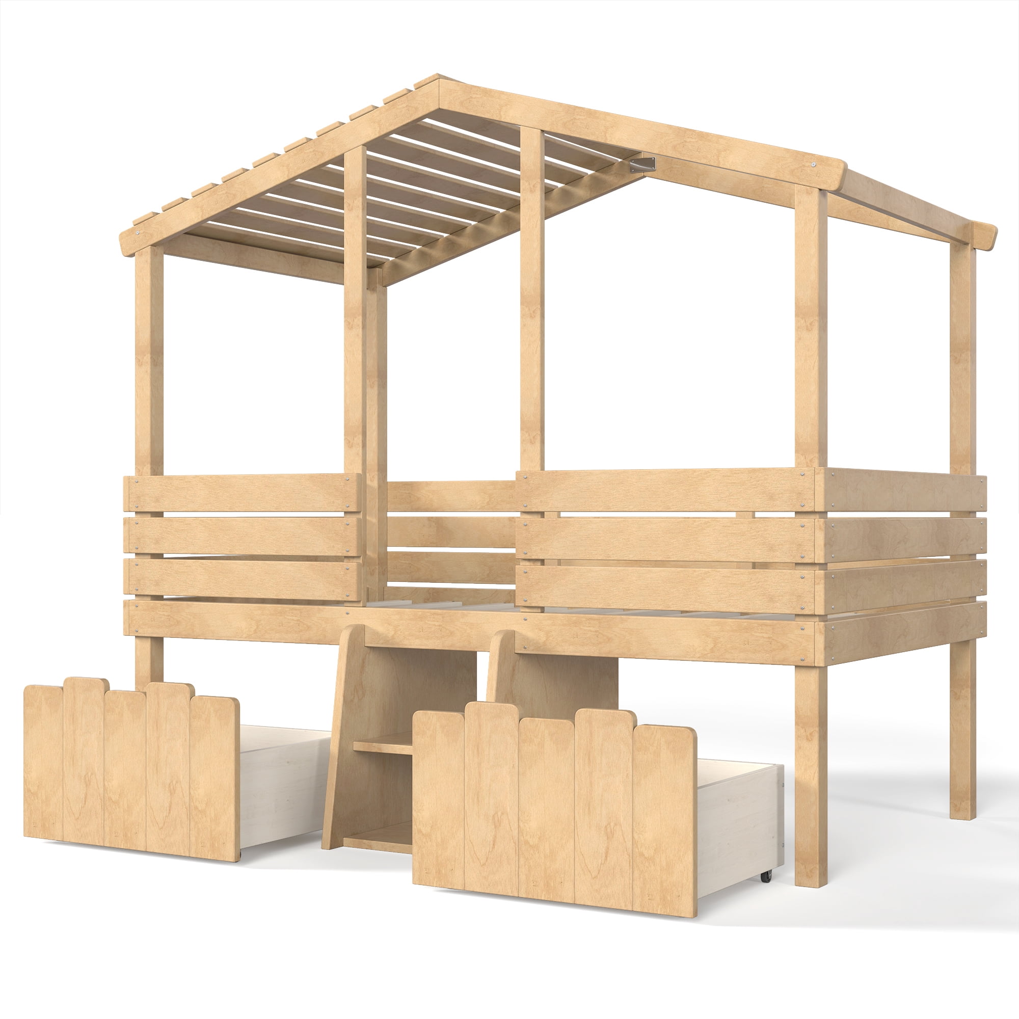 Leumius Twin House Loft Bed with Cute Stairs and 2 Storage Drawers, Farmhouse Low Loft Bed with House Shaped Roof, Childlike and No Box Spring Needed Design Natural