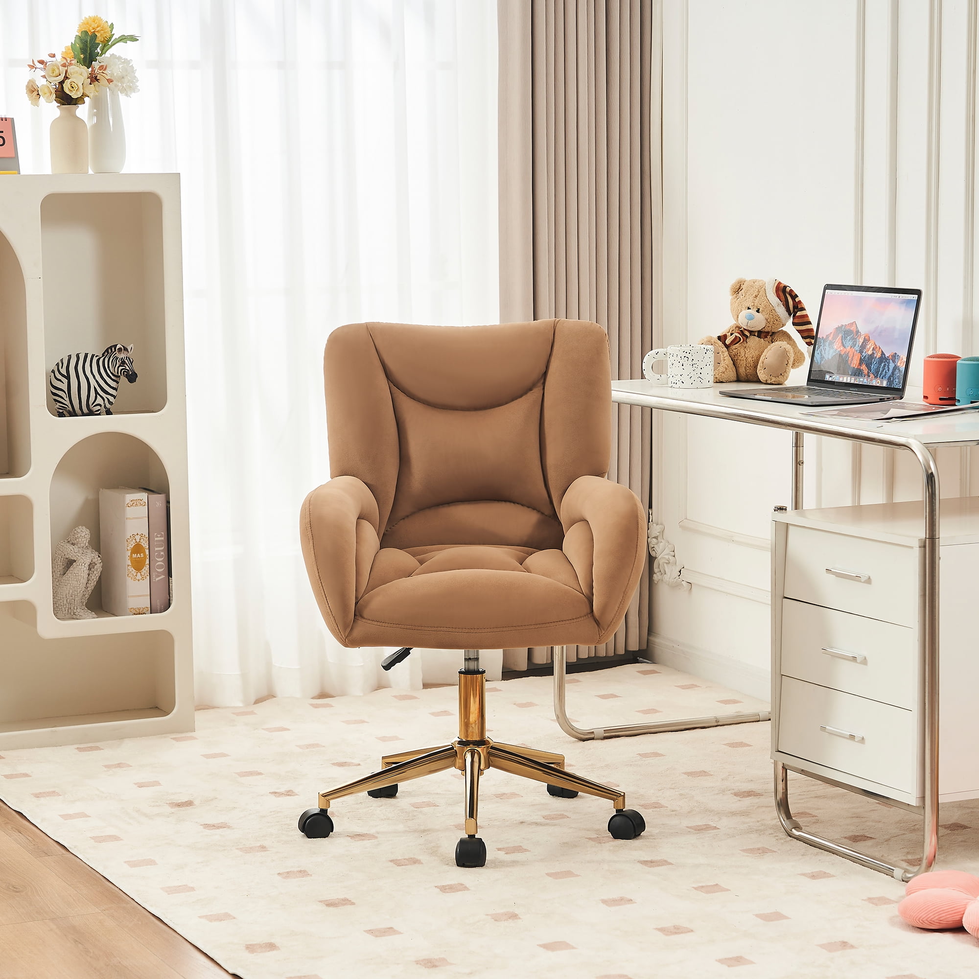 Desk Chair with Wheels and Arms Velvet Comfortable Desk Chair for Home Office Height Adjustable Vanity Chair Modern Task Chair Computer Desk Chair Coffee