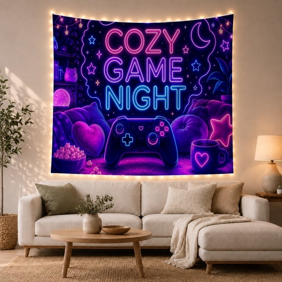 Game Controller With Cozy Game Night Message, Playful Retro Style for Gamers, Gaming Wall Art, Birthday Gift, Tapestry Wall Hanging for Gaming Room, Bedroom and Dorm