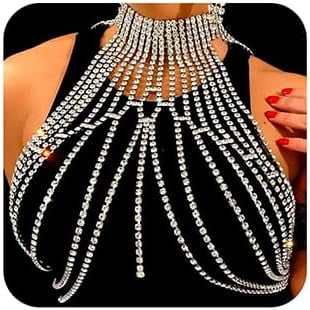 PIKADINGNIS Rhinestone Fringe Tassels Bra Body Chain Necklace Halter Top Body Jewelry for Women Party Nightclub (Silver)