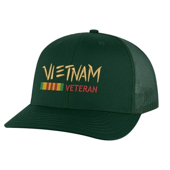 Vietnam Veteran Trucker Hat – Embroidered Snap-back Cap with Mesh Back (AlpineGreen)