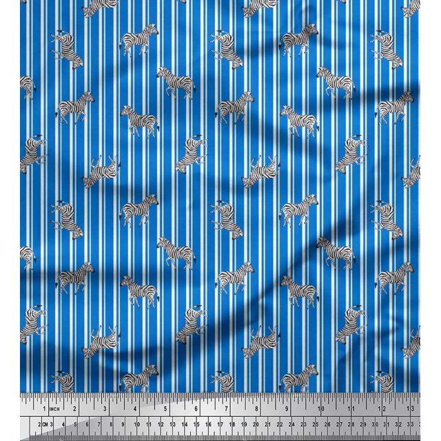 Soimoi Blue Rayon Crepe Fabric Stripe & Wild Animal Print Sewing Fabric BTY 46 Inch Wide