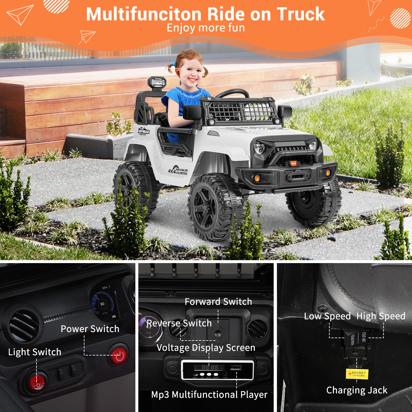 FUNTOK Kids 12V Electric Ride on Truck Toy Car with Remote Control, Spring Suspension, DIY Stickers and Music Player - image 5 of 9