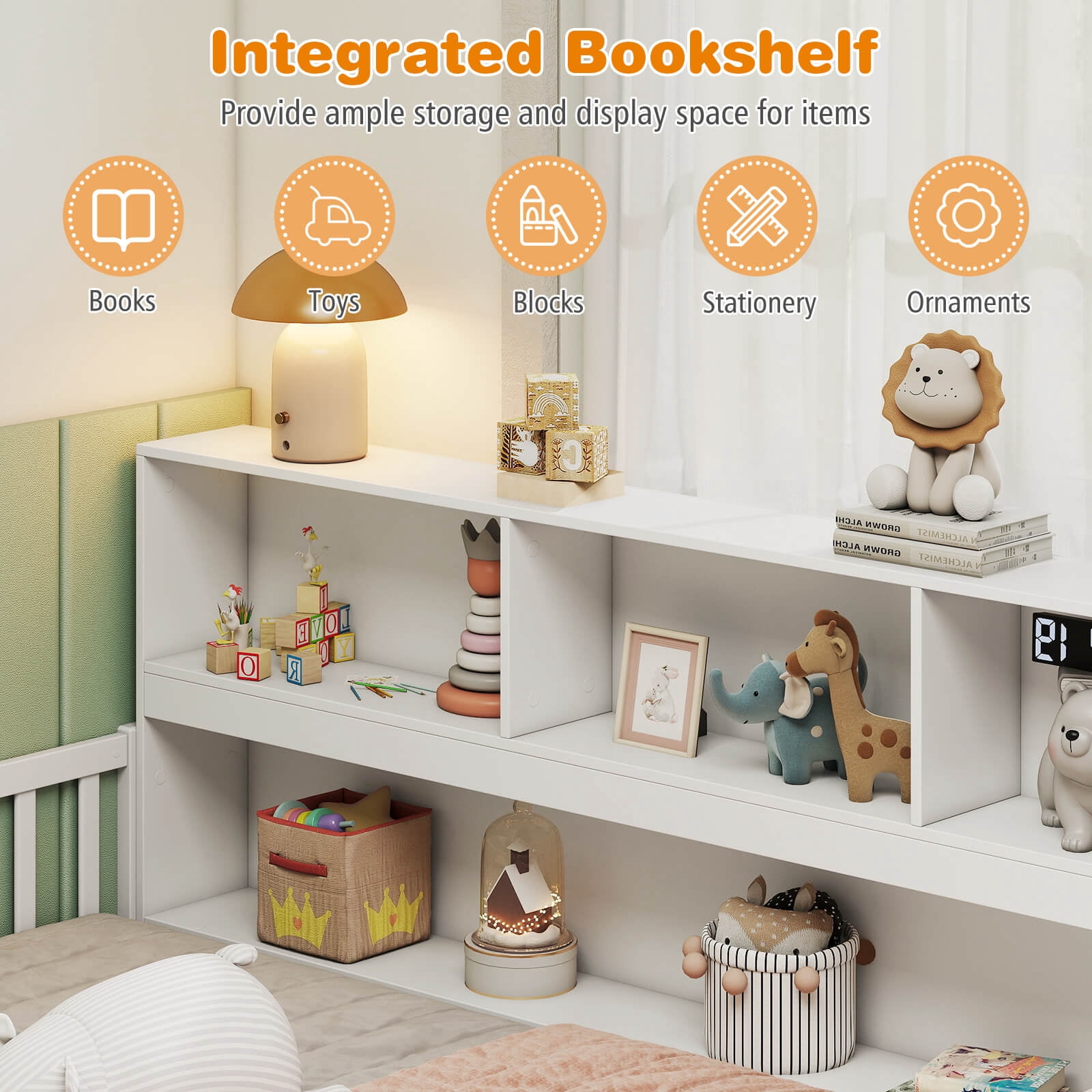 Costway Full Size Montessori Floor Bed with Bookcase Storage Shelves & Safety Fence Rails White