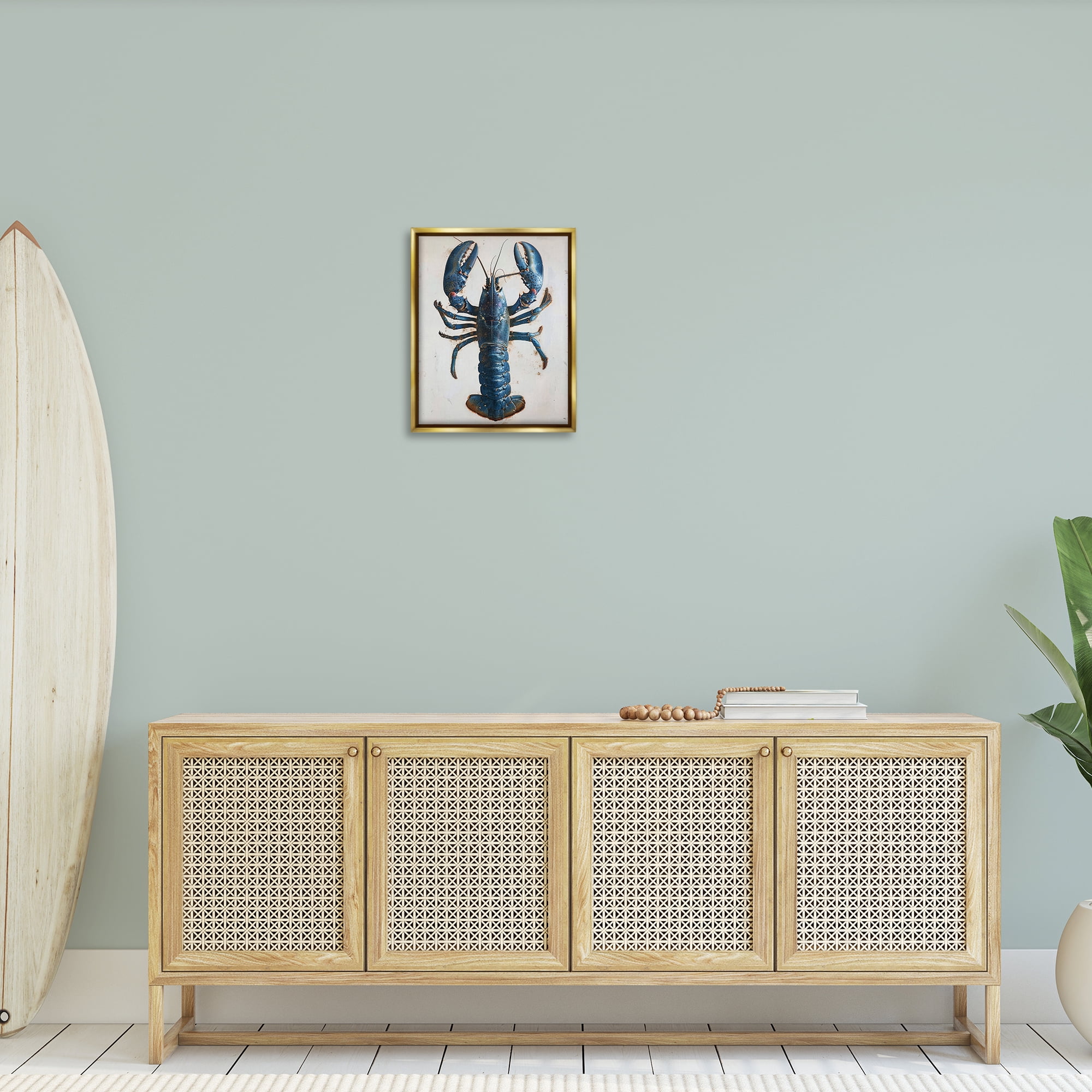 Stupell Industries Cyan Crustacean Lobster Animals Painting Gold Floater Framed Canvas Art Print Wall Art, 17 x 21
