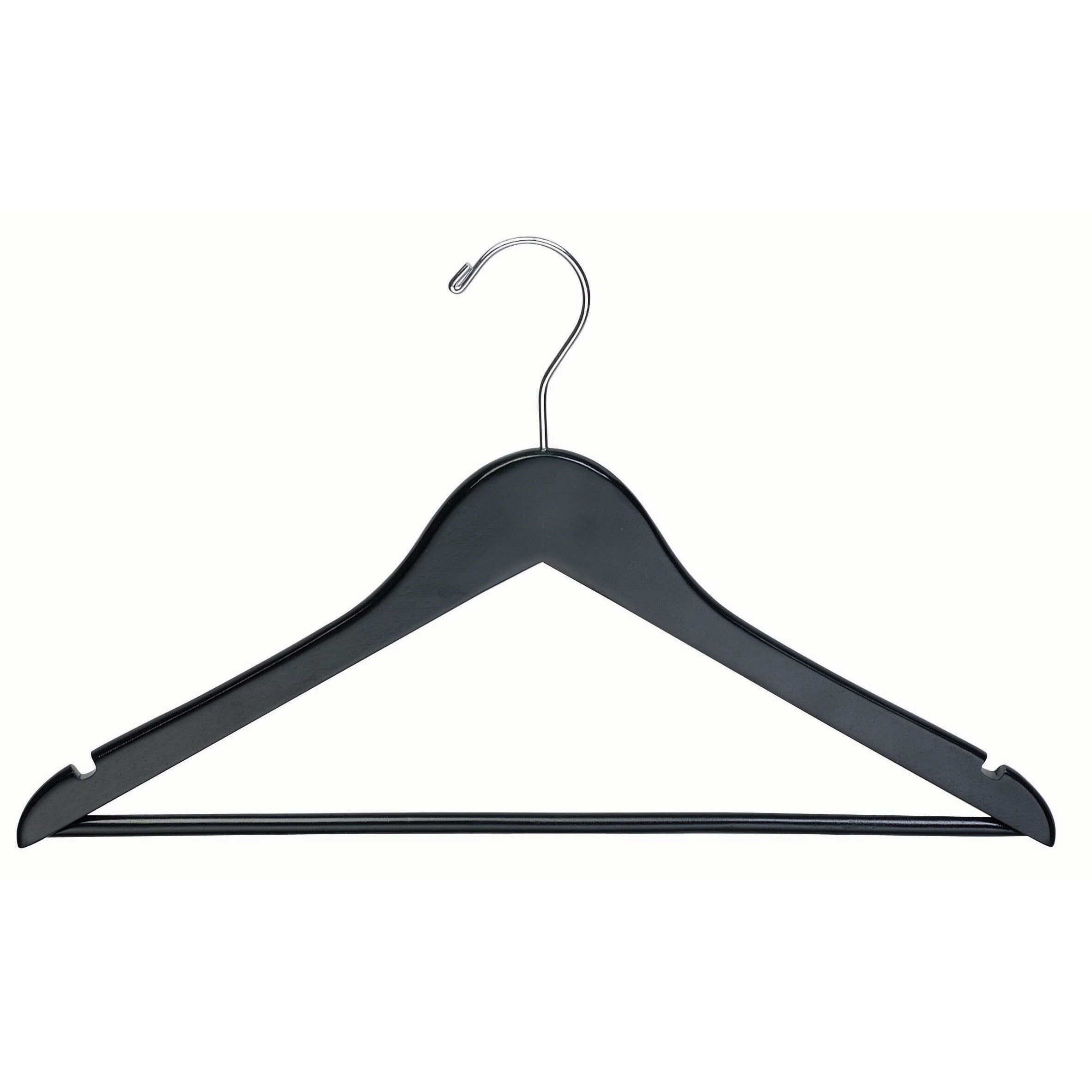 The Great American Hanger Company Black Wooden Suit Hangers with Solid Wood Pant Bar, Flat Hangers with Notches and Swivel Hook Box of 8