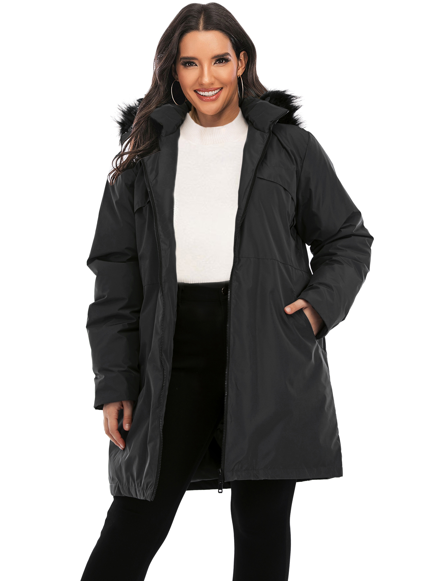 LELINTA Winter Plus Size Long Hoodie Coat Warm Jacket for Women, Zipper Parka Overcoats Raincoat Active Outdoor Trench Coat - image 3 of 7