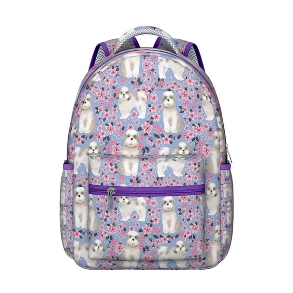 Bichon Dog Purple Florals Backpack for School,Cute School Bag,Schoolbag with Adjustable Shoulder Straps & Padded Back,15.3"x11"x7.1".