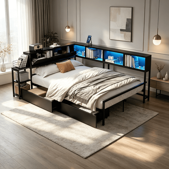 Black Corner Bed Frame with Bookcase, 2 Storage Drawers, LED Lights & Charging Station, Twin Size, Modern Platform Bed for Small Spaces
