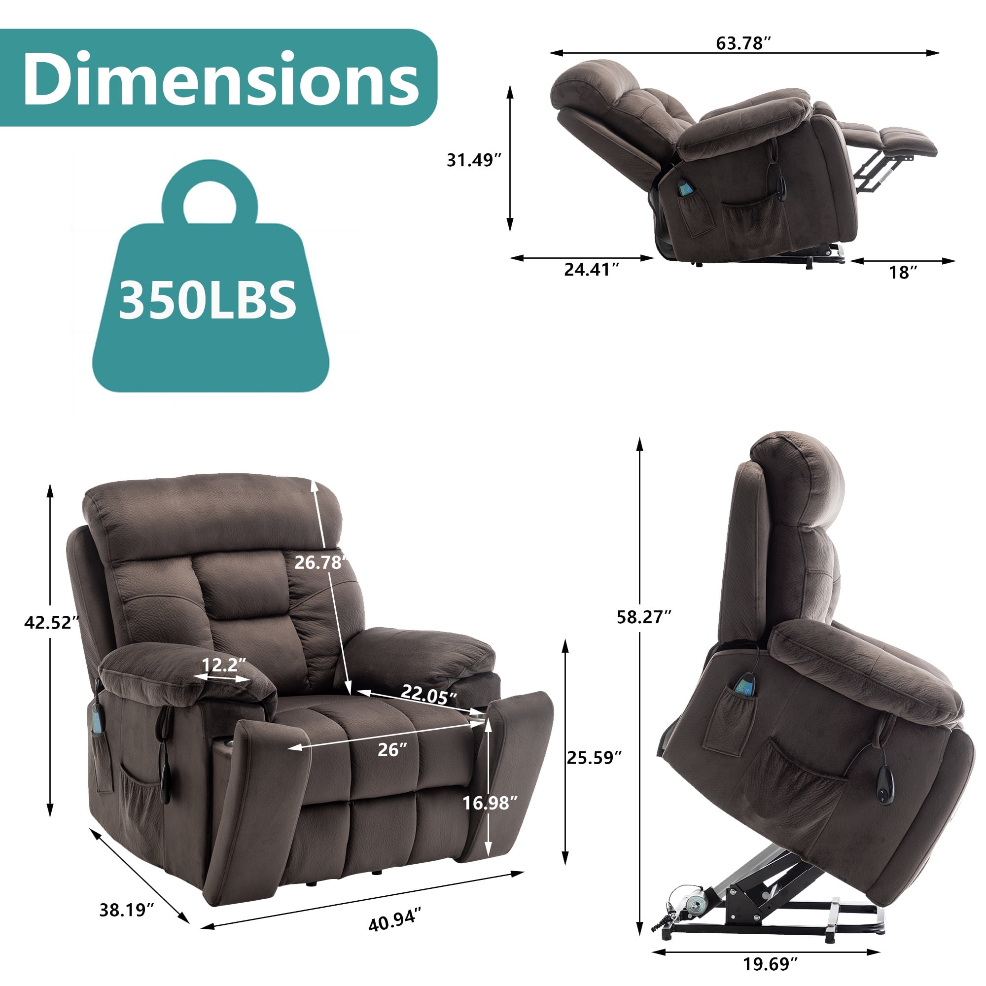 26 Inch Wide Seat Recliner Chair for Adults and Elderly, UHOMEPRO Oversized Power Lift Recliner Chair with Heat and Massage, Overstuffed Headrest, 350 lb Capacity, Dark Brown