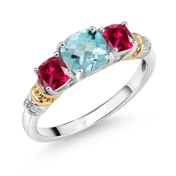 Gem Stone King 925 Silver and 10K Yellow Gold Sky Blue Topaz and Red Created Ruby and Diamond 3-Stone Ring for Women (1.86 Cttw, November Birthstone, Cushion Checkerboard 6MM and 4MM, Size 9)