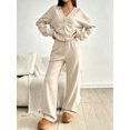 thumbnail image 6 of DENTOYOU Lounge Sets for Women 2 Piece Outfits V Neck Button Long Sleeve Shirt Wide Leg Pants Matching Set Sweatsuits Beige S, 6 of 6