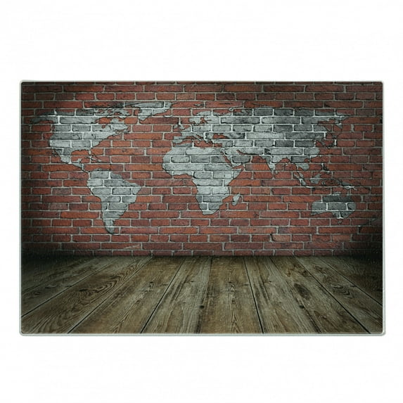 Wanderlust Cutting Board, Vintage Grunge Map Room Style Brick Rustic Geographic Interior Travel, Decorative Tempered Glass Cutting and Serving Board, Small Size, Cinnamon Pale Grey, by Ambesonne