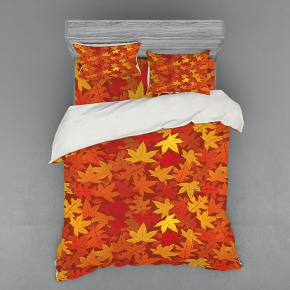 Orange Duvet Cover Set, Colorful Autumn Fall Season Maple Leaves in Unusual Designs Nature Print, Bedding Set with Shams and Fitted Sheet, 3 Sizes, by Ambesonne