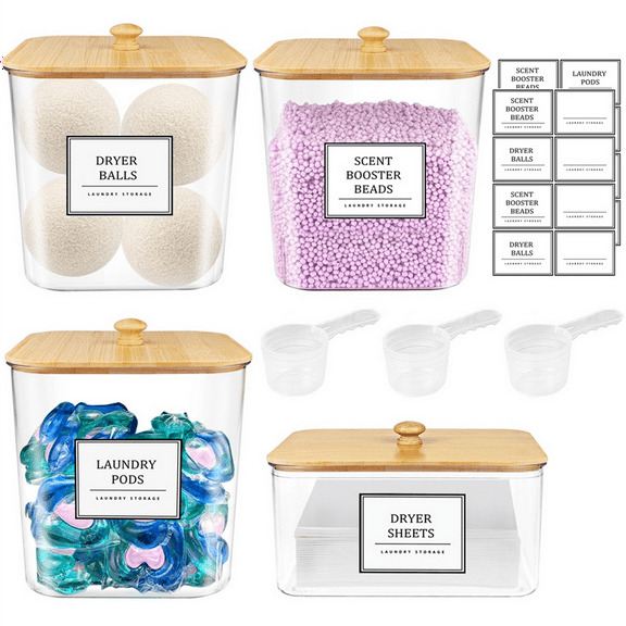 Laundry Pods Storage Container with Wooden Lids & Labels for Detergent Powder, Scent Booster for Laundry Room Organization, Clear, 3 1 Pack