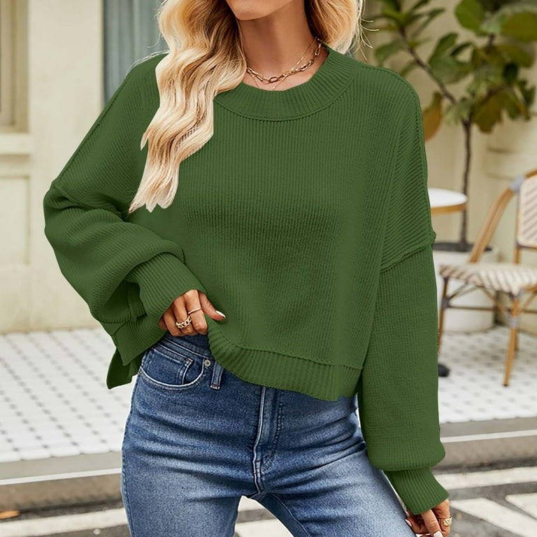 cllios Clearance Outlet Womens Crewneck Sweaters Vintage Cable Knit Ribbed  Cropped Sweater Oversized Solid Batwing Sleeve Jumper Pullover Tops