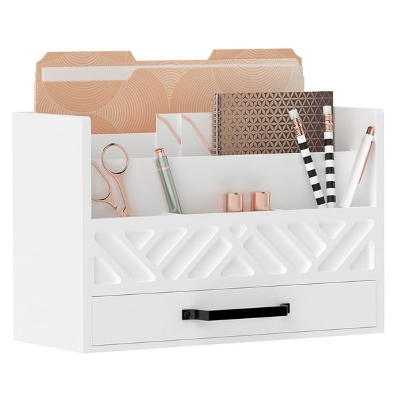 INTIGE 5-Compartment Wood Desk Organizer with Pencil Holder, Drawer, Bill Mail Organizer Storage, White