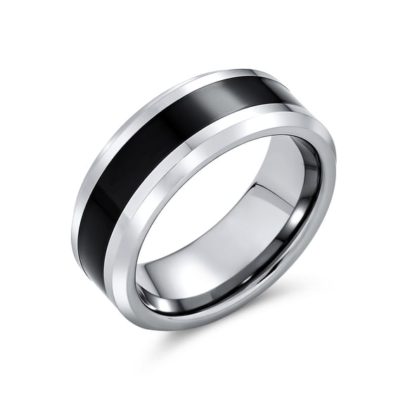 Bling Jewelry Mens Simple Two Tone Black Center Titanium Band Ring Silver Tone Beveled Edge 8MM