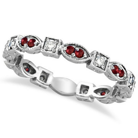 Garnet and Diamond Eternity Anniversary Ring Band 14k White Gold